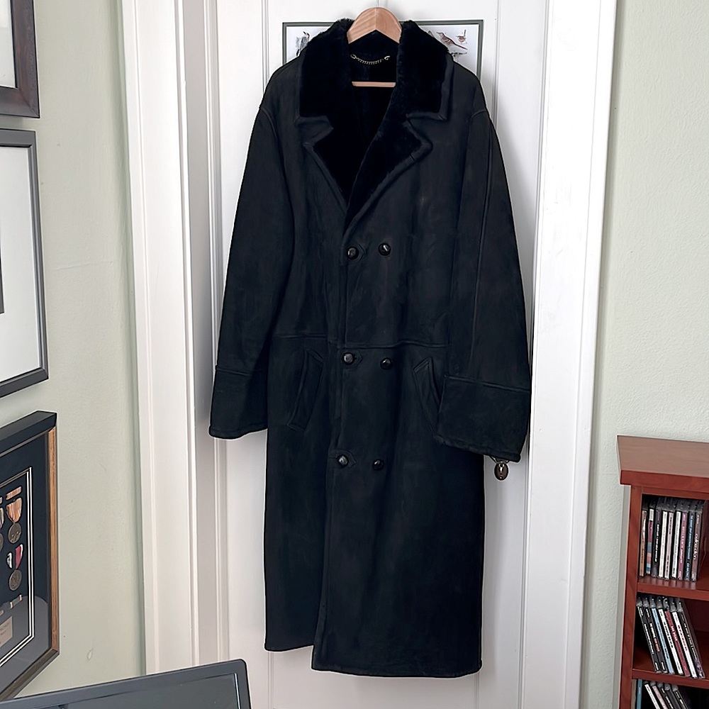 Men’s full length shearling coat.